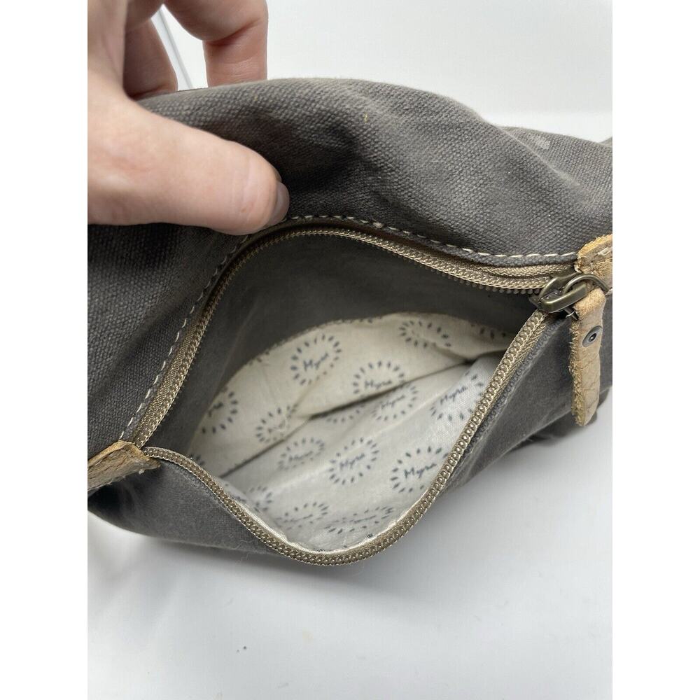 MYRA Purse Canvas Leather Cowhide Shoulder Bag Floral Gray Tan - Picture 8 of 12